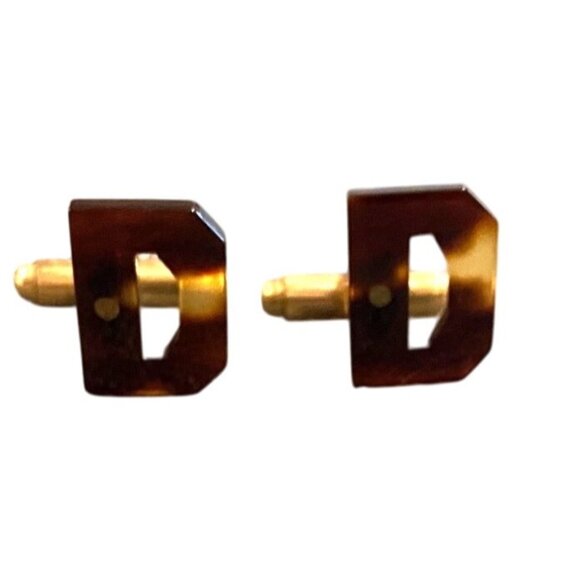 Vintage Acrylic Tortoise Shell & Brass Initial "D" Cufflinks - 3/4” L 1/2” W - Picture 3 of 3